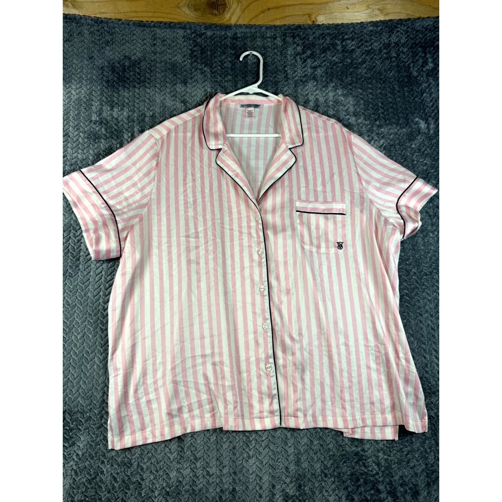 Victoria's Secret Signature Satin Pajama Top Womens 2XL White Pink Striped Sleep